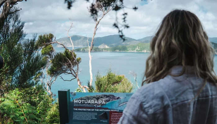 Visitor reading an informational sign on Motuara Island with views over the Marlborough Sounds.