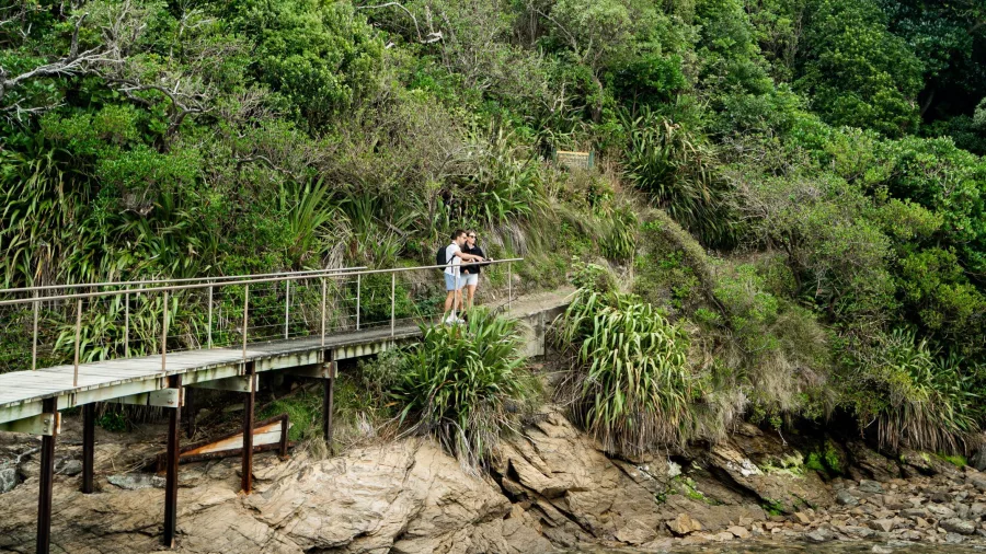 Couple walking along a wooden boardwalk beside the clear coastal waters of Motuara Island.