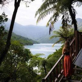 Woman enjoying views over Queen Charlotte Sound from forested steps at Punga Cove Resort.