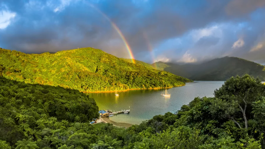 Double rainbow stretching over the lush bay and hills near Punga Cove Resort.