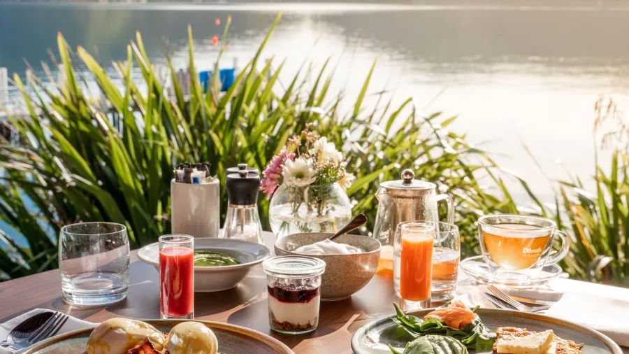 Gourmet breakfast overlooking the Marlborough Sounds at Bay of Many Coves.