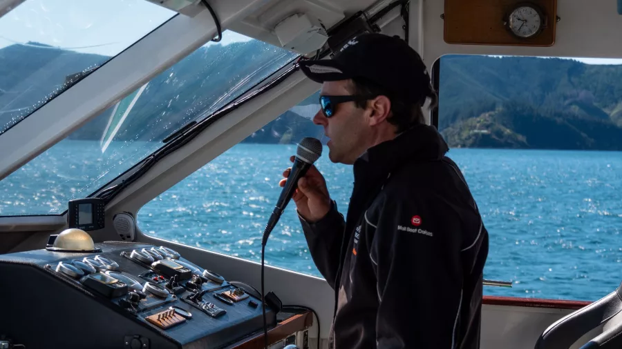 Beachcomber skipper delivering live commentary inside the boat’s cabin.