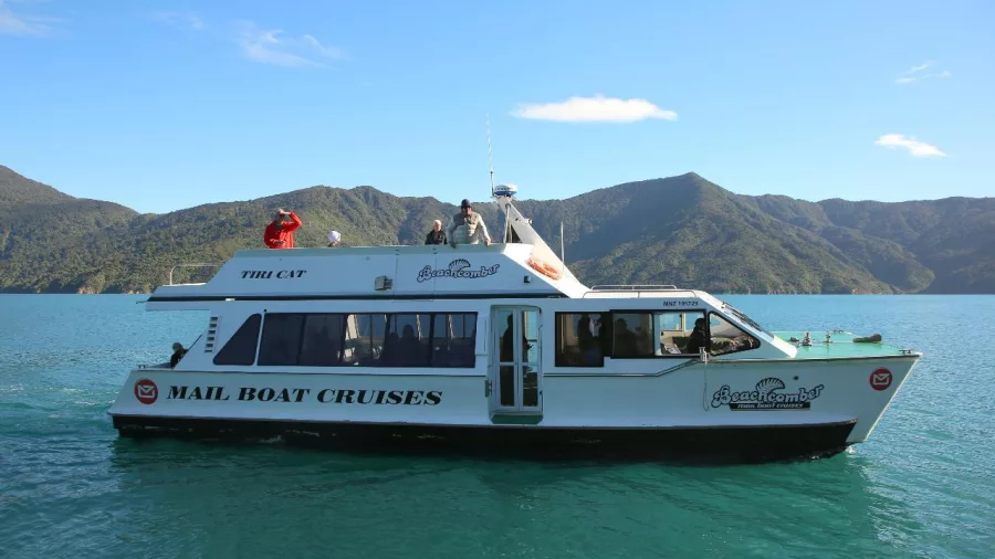 Mail Boat Cruises vessel anchored near Motuara Island in Queen Charlotte Sound.