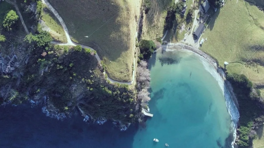 Aerial view of Whekenui Bay and the Arapawa Blue Pearls farm on Arapaoa Island near Picton.