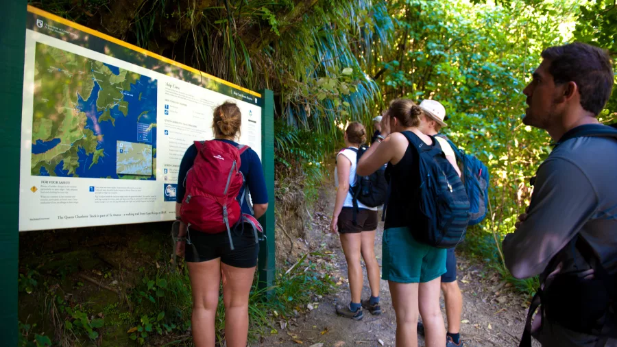Group of hikers reading a trail map at Ship Cove on the Queen Charlotte Track in Marlborough.