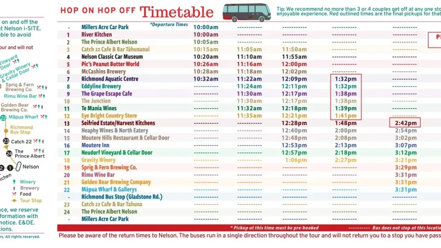 Nelson Hop On Hop Off wine tour timetable with route stops, winery visit times, and return schedule