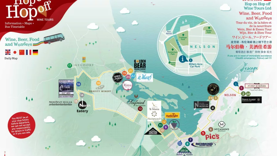Route map of the Hop On Hop Off Wine Tours in Nelson, showing stops across Richmond, Brightwater, Moutere, and Mapua