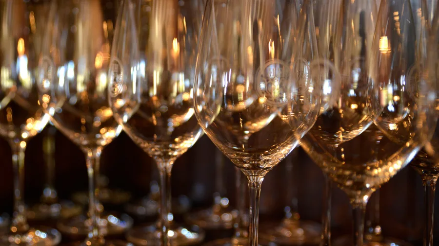 Close-up of clean wine glasses lined up for a Marlborough wine tasting experience
