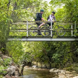 Couple on mountain bikes crossing a leafy bridge above a forest stream on the Queen Charlotte Track.