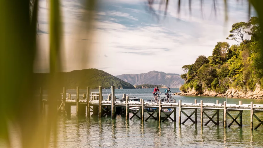 Cyclists riding on the jetty at Ship Cove, Queen Charlotte Track, with Marlborough Sounds in the background.