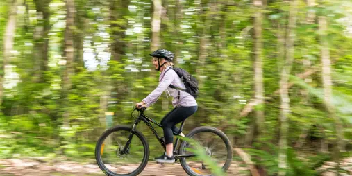 Woman riding a mountain bike through dense native bush on the Queen Charlotte Track.