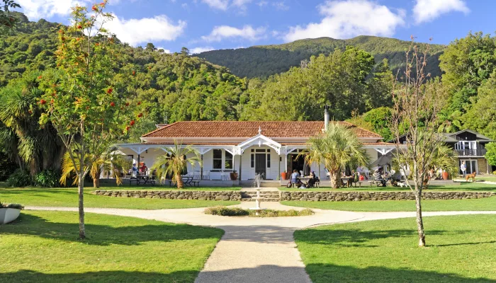 Furneaux Lodge nestled in lush bush along the Queen Charlotte Track, Marlborough Sounds