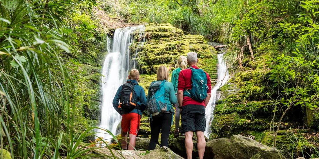 Group of hikers pausing at a waterfall on the Queen Charlotte Track in Marlborough