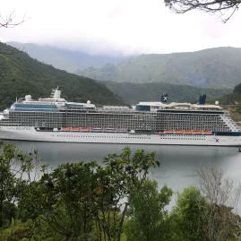 Cruise ship anchored in the Marlborough Sounds near Picton, New Zealand