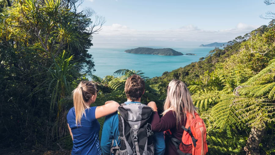 Three hikers with backpacks admire the view over Marlborough Sounds from Queen Charlotte Track