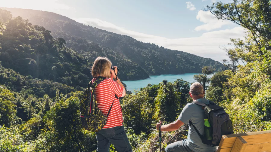 Couple capturing the coastal scenery from a lookout bench on the Queen Charlotte Track near Ship Cove