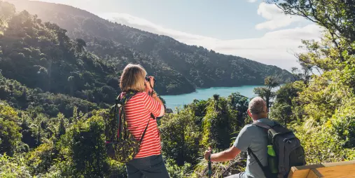 Couple capturing the coastal scenery from a lookout bench on the Queen Charlotte Track near Ship Cove