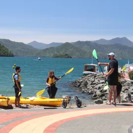 Guided kayak briefing on the Picton waterfront before launching into Queen Charlotte Sound