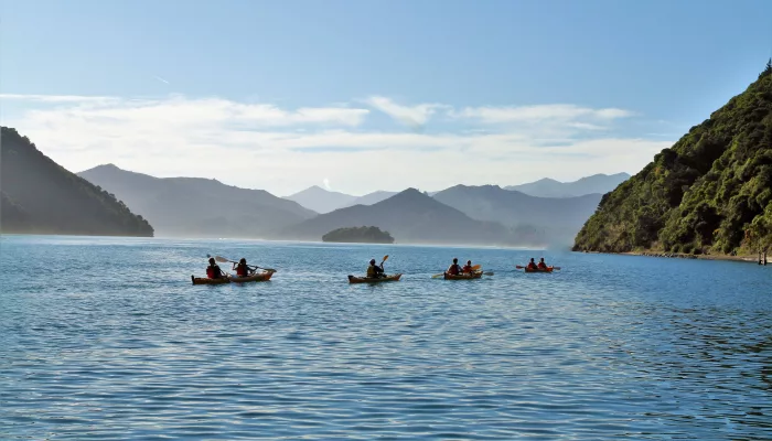 Group of kayakers exploring Queen Charlotte Sound with mountain views in the background