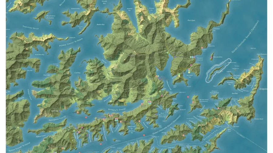Topographic map of Queen Charlotte Track in the Marlborough Sounds, New Zealand