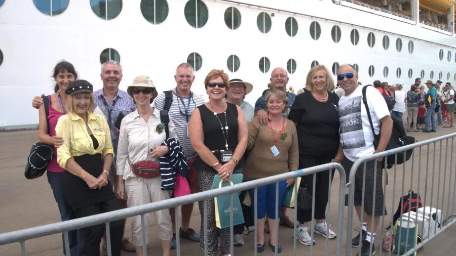 Group of cruise guests gathered at Picton Port before their Marlborough wine tour.