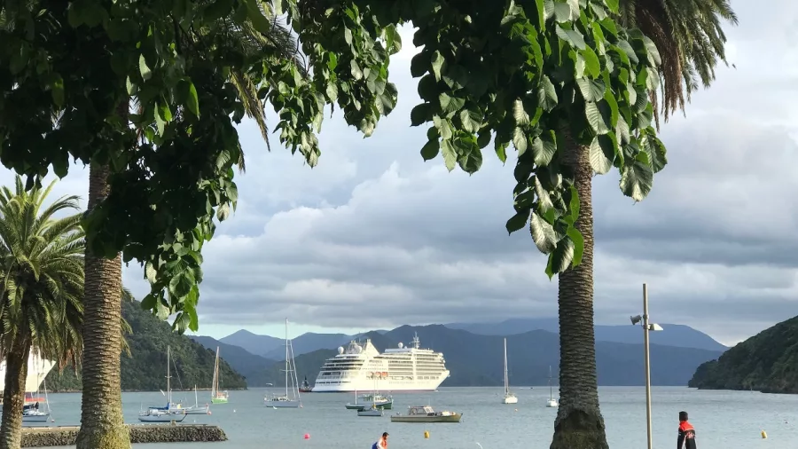 Scenic view of a cruise ship docked at Picton Foreshore, Marlborough.
