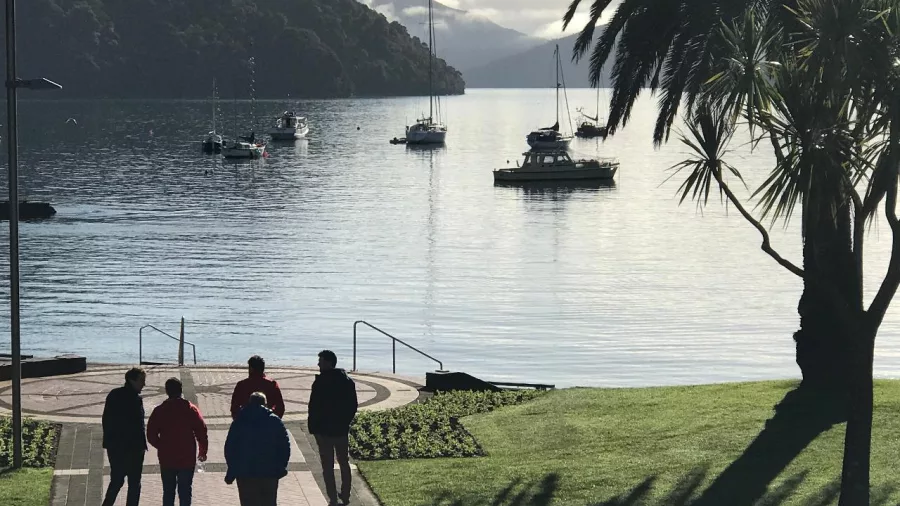 Group walking along the scenic waterfront in Picton, Marlborough, with boats in the bay.