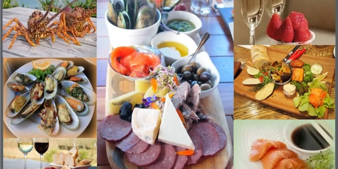 Collage of Marlborough seafood, platters, cheeses, wines, and gourmet treats.