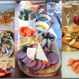 Collage of Marlborough seafood, platters, cheeses, wines, and gourmet treats.