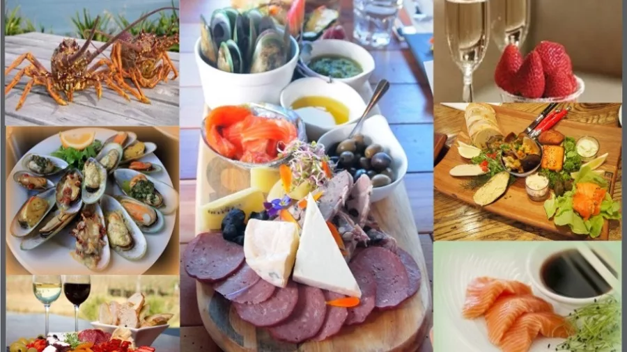 Collage of Marlborough seafood, platters, cheeses, wines, and gourmet treats.