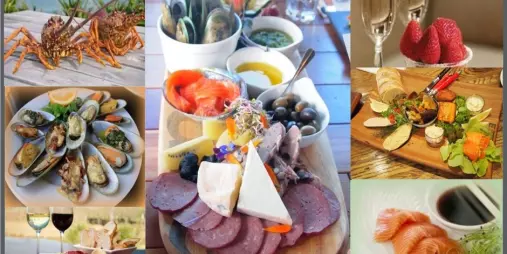 Collage of Marlborough seafood, platters, cheeses, wines, and gourmet treats.
