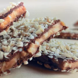 Close-up of toffee and chocolate almond crunch from Makana Confections.