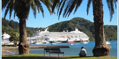 Cruise ship docked at Picton Harbour viewed from the foreshore park.
