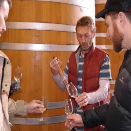 Wine tasting directly from the barrel at Clos Henri Vineyard, an organic wine estate.