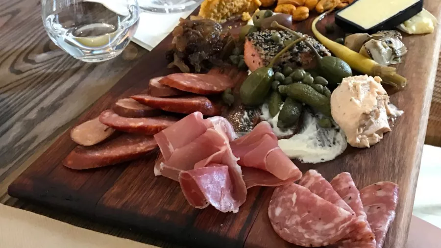 Gourmet platter with cured meats, cheeses and pickles at Saint Clair winery