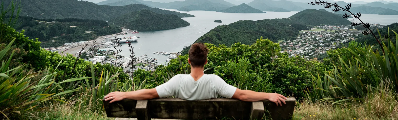Person relaxing at Tirohanga Track lookout with view over Picton and Marlborough Sounds