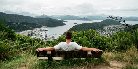 Person relaxing at Tirohanga Track lookout with view over Picton and Marlborough Sounds