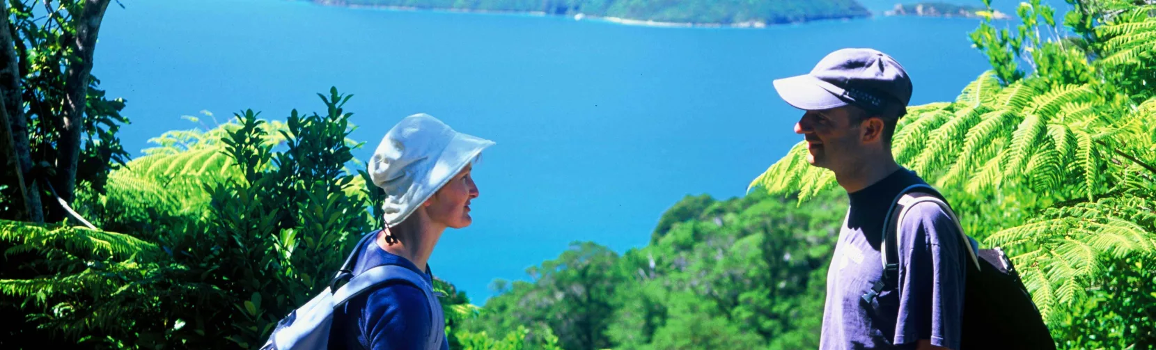 Hikers enjoying the view from Ship Cove Lookout on the Queen Charlotte Track, Marlborough Sounds