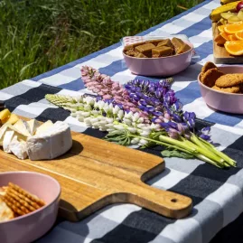 Cheese, fruit, and snacks arranged on a table with lupins during an Adventure South NZ cycling tour stop.