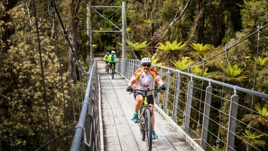Cyclists crossing a suspension bridge through rainforest on the West Coast of New Zealand.