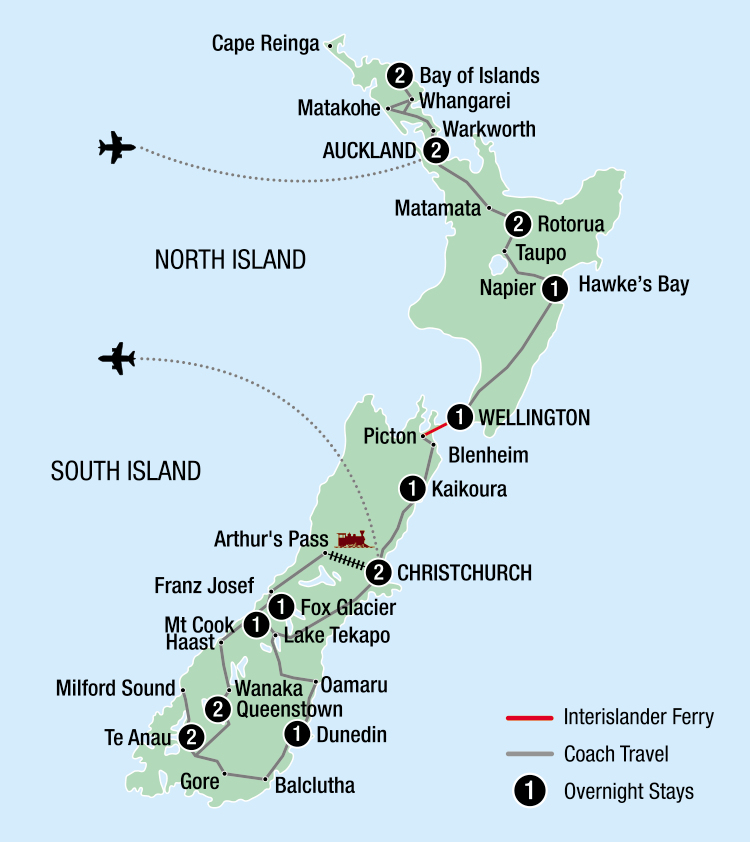 Map showing the 19 Day Ultimate Showcase Tour across New Zealand, including major stops and overnight stays