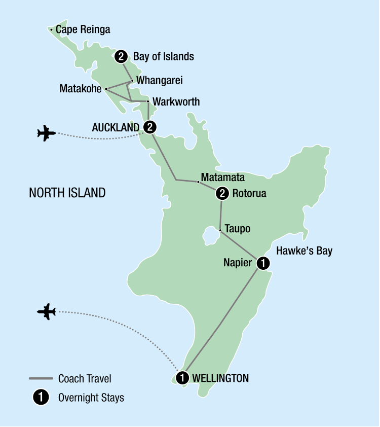 Map of the 9-Day Ultimate North Island Tour in New Zealand with coach travel and overnight stays