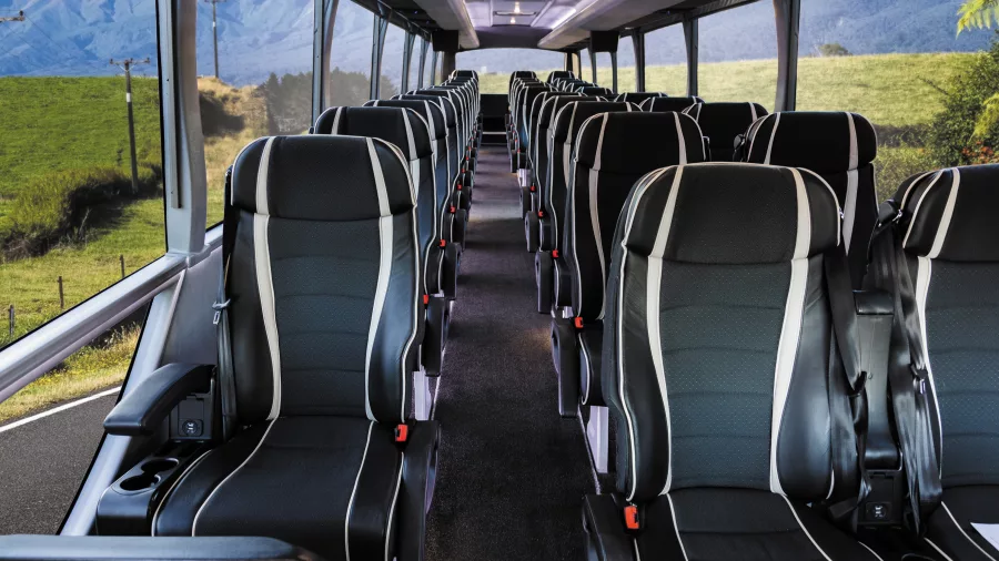 Interior view of Grand Pacific’s Signature coach showing wide, comfortable seating and panoramic windows