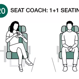 Diagram showing the 1+1 seating configuration of the Grand Pacific Ultimate coach
