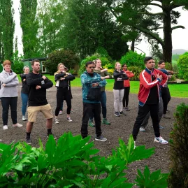 Travellers learning the haka at Kohutapu Lodge in Murupara, New Zealand.