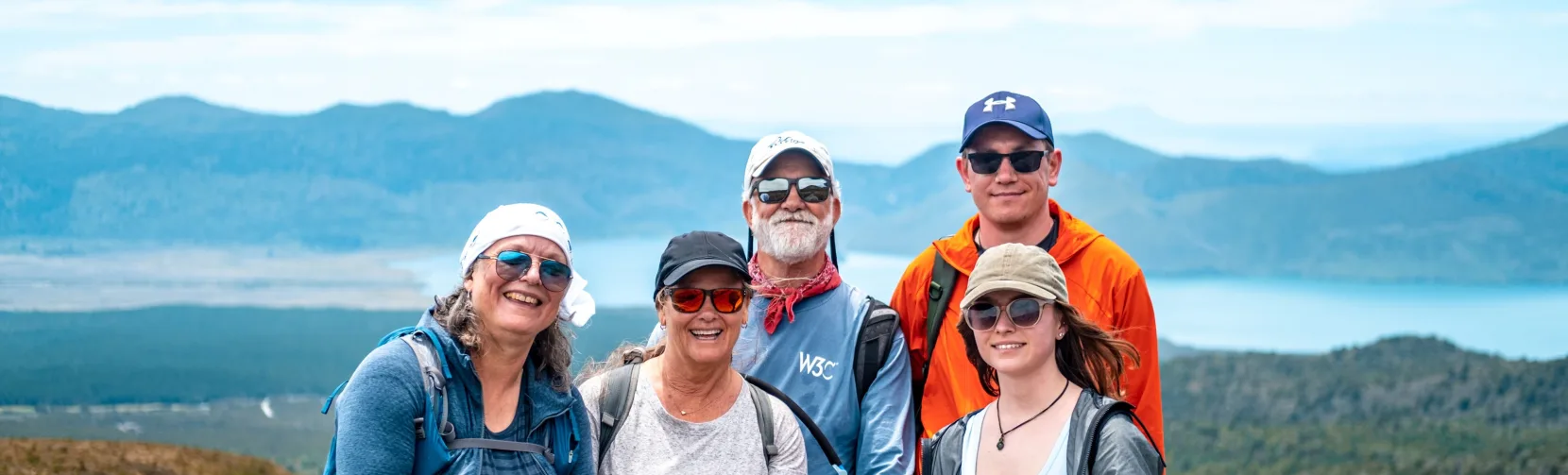 Hiking group with panoramic view in Tongariro National Park