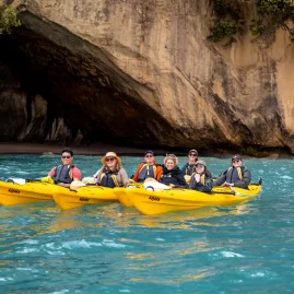 Group sea kayaking adventure at Cathedral Cove in the Coromandel