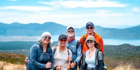 Hiking group with panoramic view in Tongariro National Park