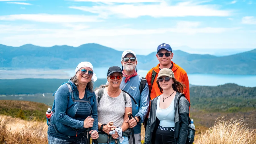 Hiking group with panoramic view in Tongariro National Park