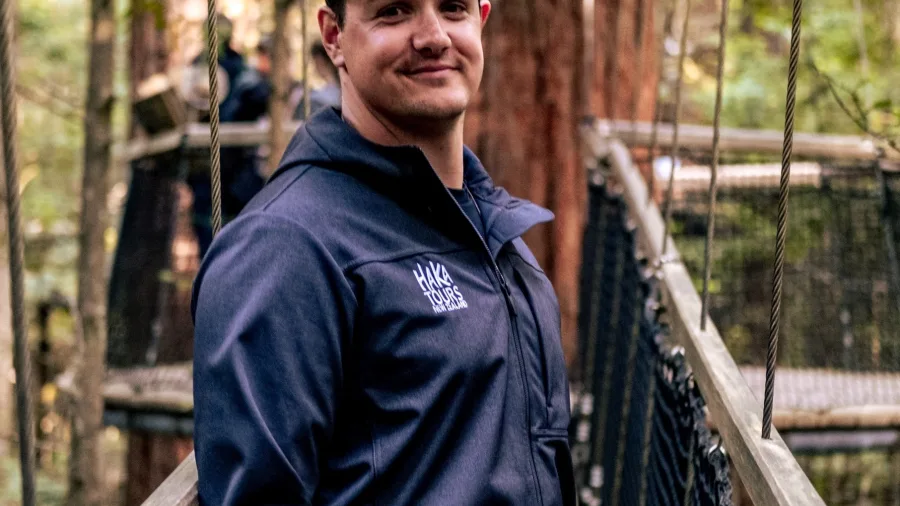 Man enjoying canopy walkway at Redwoods Treewalk, Rotorua